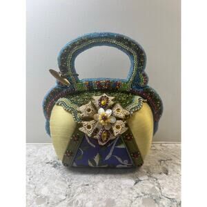 Mary Frances Beaded Handbag Hard Case Purse Jewels Flowers Shells 8 1/2"x 8" JL